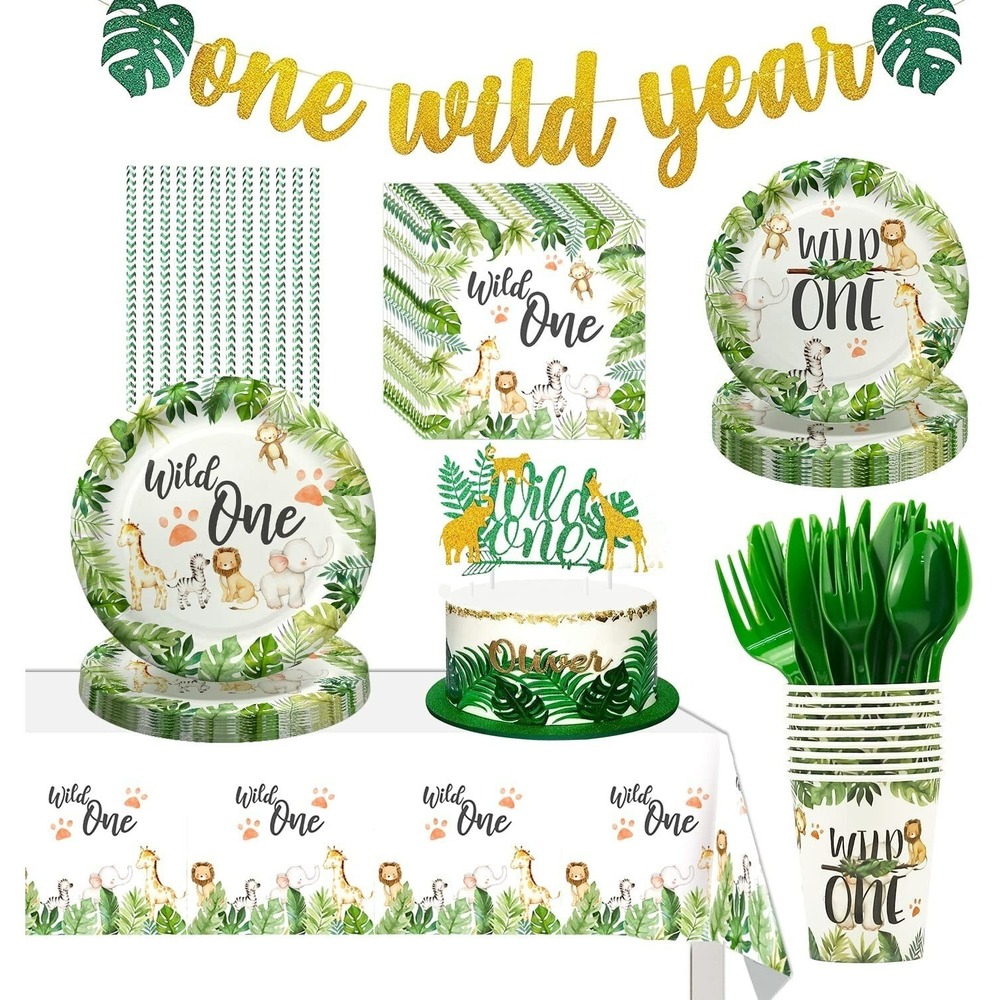 Wild one Jungle Safari First‎ Birthday Decorations for 24 Guests Over 220 Pieces